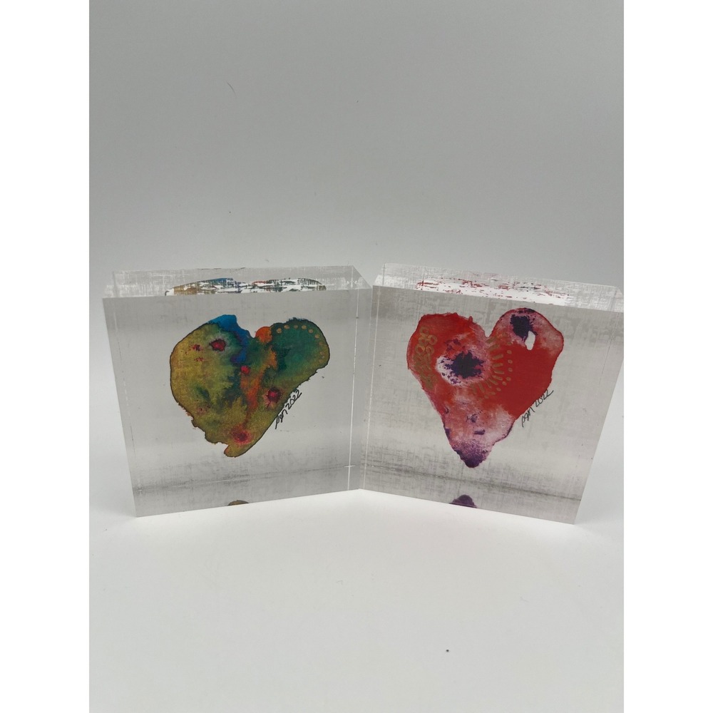 Nicolette Acrylic Heart Block Art Decor Set of 2 Red Green Hearts 2022 Signed